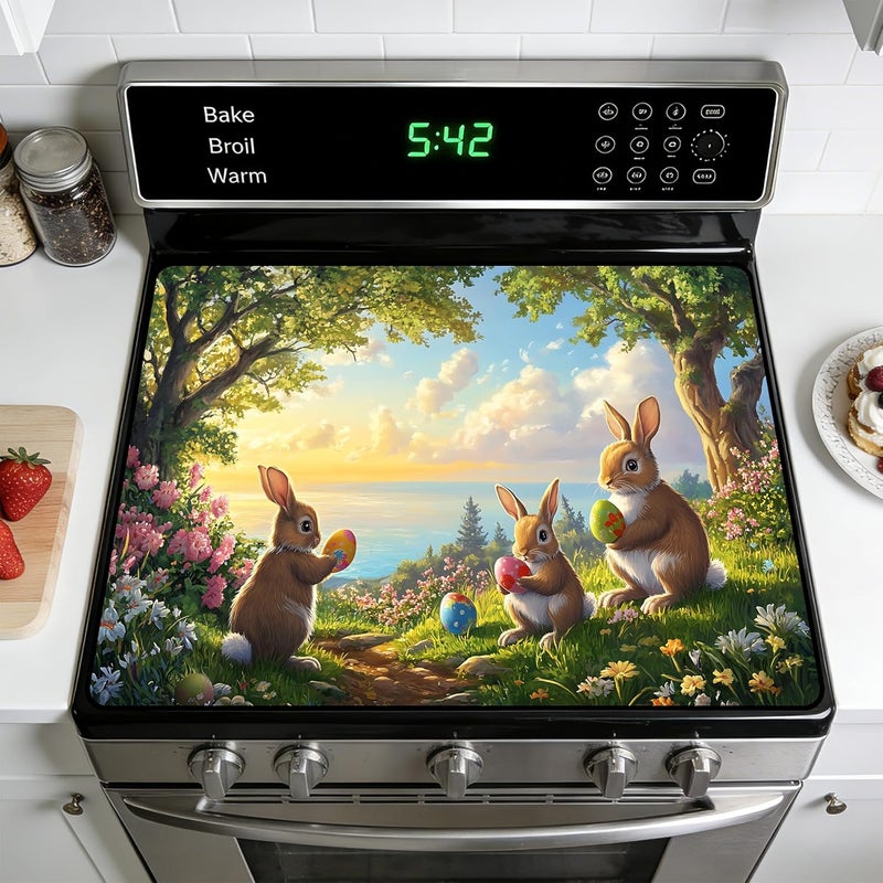AOHMPT Stove Top Cover for Electric Stove: 28''×20'' Stove Cover Elevate Your Kitchen Reliable Heat Protection,Non-Slip Kitchen Decor (Rabbit) - Image 1